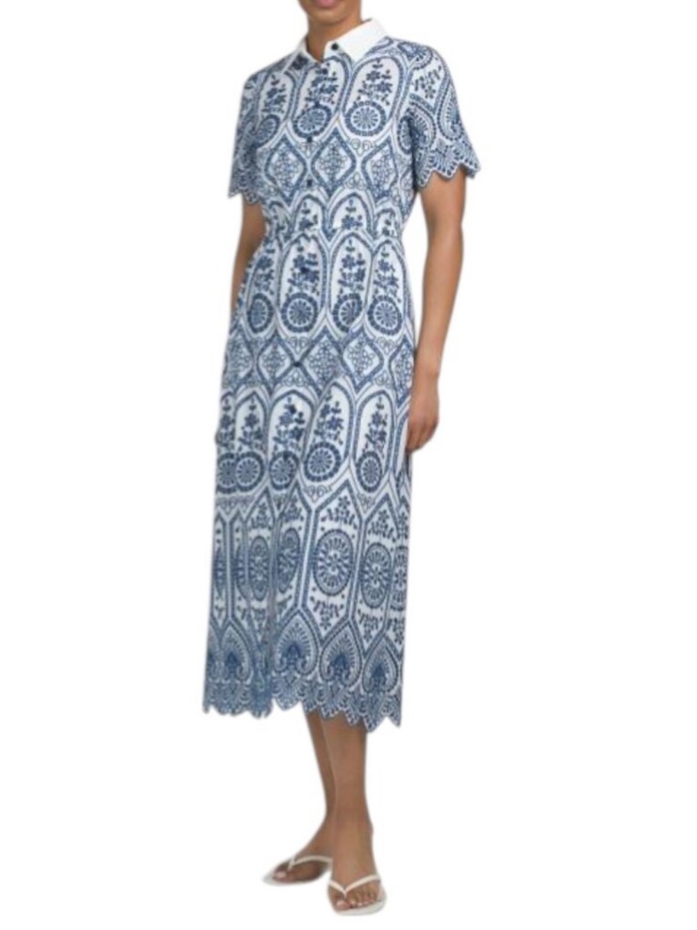 ELIE TAHARI Short Sleeve Collar Button Down Embroidered Maxi Dress